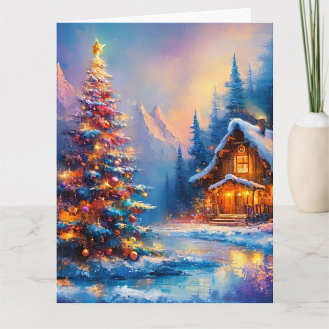 Dreamy Whimsical Berghütte Weihnachten Karte (Vorderseite)