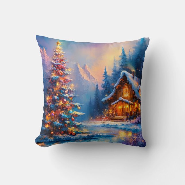 Dreamy Whimsical Berghütte Weihnachten Kissen (Vorderseite)