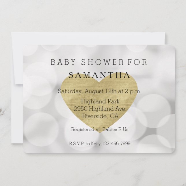 Dreamy White Bokeh Gold Herz Babydusche Einladung (Vorderseite)