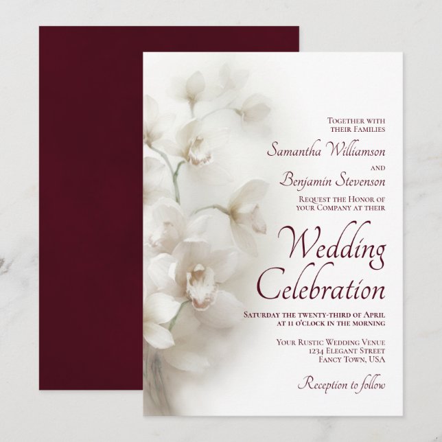 Dreamy White Orchids Elegante Burgundy Wedding Einladung (Vorne/Hinten)