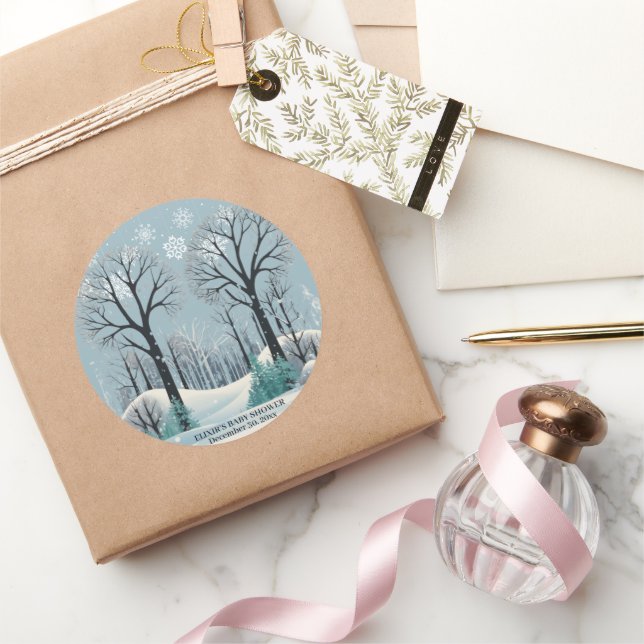 Dreamy Winter Forest Snowflakes Babydusche Runder Aufkleber (Schenken)