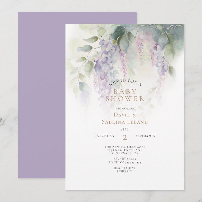 Dreamy Wisteria Watercolor Couple's Baby Shower Einladung (Vorne/Hinten)