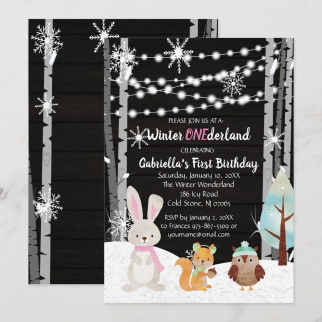 Dreamy Woodland Forest Animals ONEderland Birthday Einladung (Vorne/Hinten)