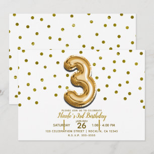 Drei 3-Gold-Ballon Confetti 3. Geburtstags-Party Einladung