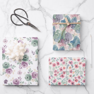 Drei abstrakte Aquarell Teal Mauve Beige Muster Geschenkpapier Set