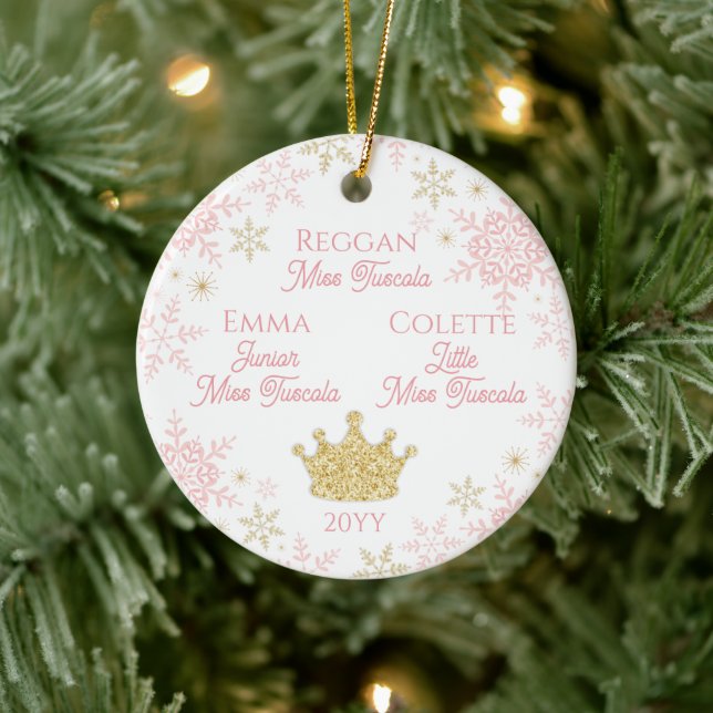 Drei agegte Prinzessinnen Rosa Gold Schneeflocken Keramik Ornament (Baum)