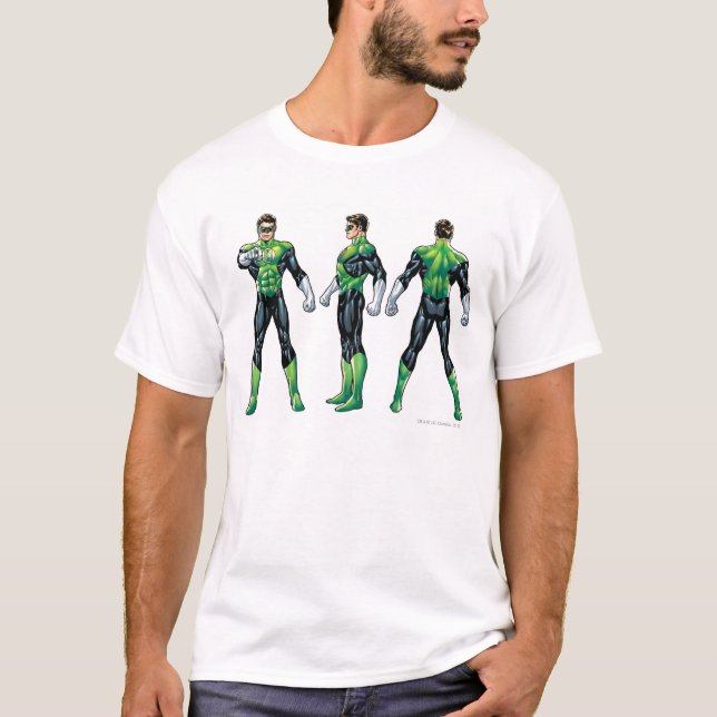 Drei Ansichten der grünen Laterne T-Shirt (Vorderseite)