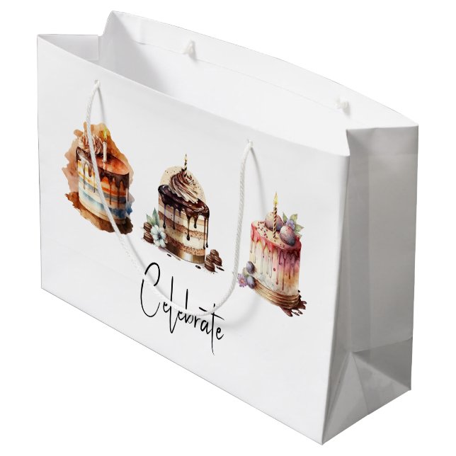 Drei aufwändige, kundenspezifische Kuchen Große Geschenktüte (Rückseite Schrägansicht)