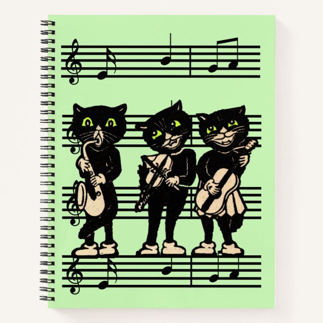 Drei Black Cat Musicians auf Sheet Music Green Notizbuch (Vorderseite)