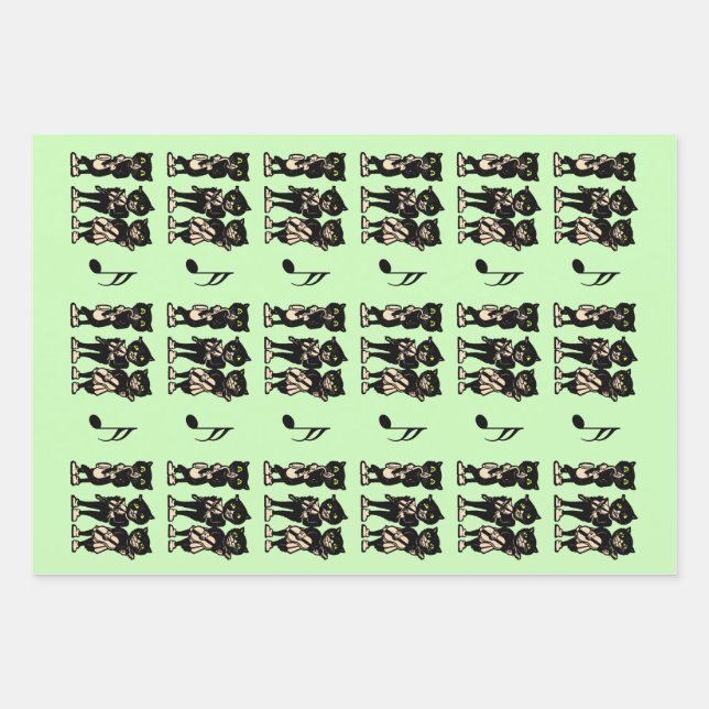 Drei Black Cat Musicians, die Musik grün spielen Geschenkpapier Set (Vorderseite)