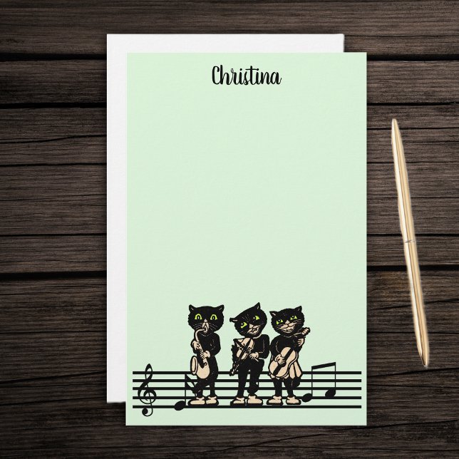 Drei Black Cat Musicians Music Instruments Green Briefpapier (Three black cat musicians playing instruments on bar of music notes on green stationery paper pad.)