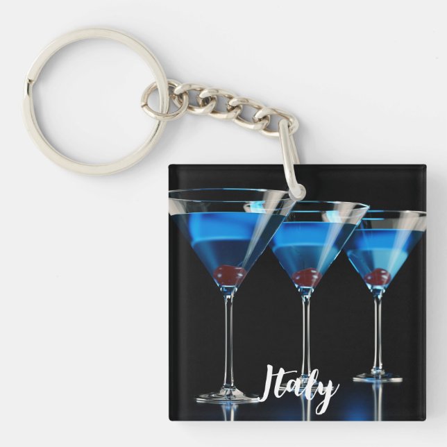 Drei blaue Cocktails mit Kirsche auf schwarz Schlüsselanhänger (Vorderseite)