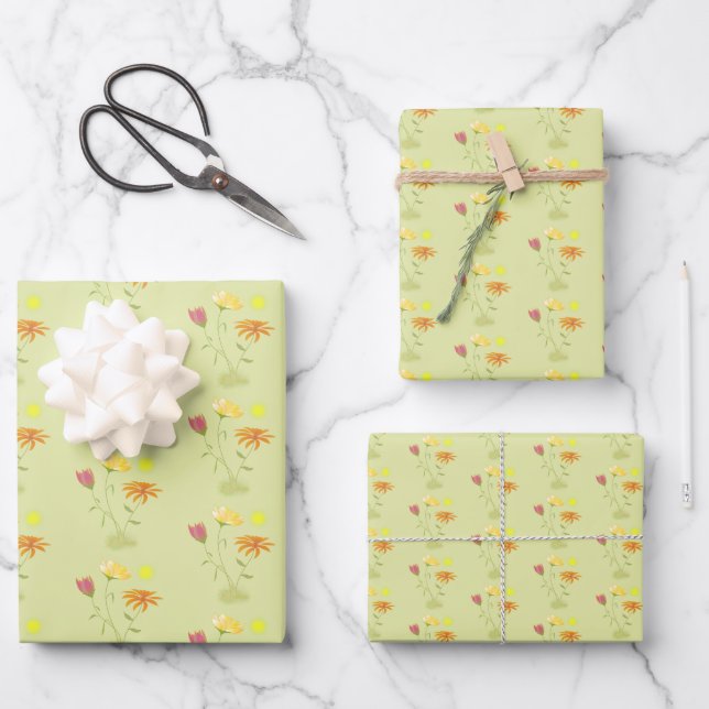 Drei Blume in der Sonne - transparentes 3x Muster Geschenkpapier Set (Vorderseite)