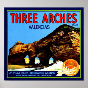 Drei Bögen Valencia Orangen Obstkistenetikett Poster