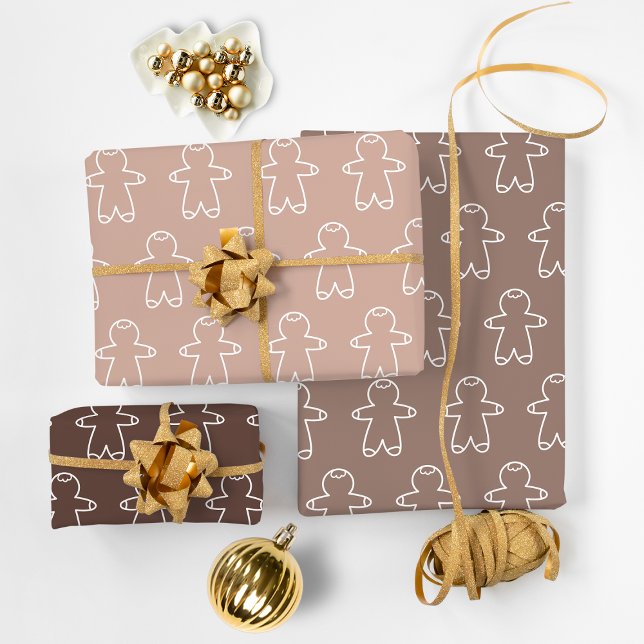 Drei braune Tones Gingerbrett Männer Geschenkpapier Set (Three Brown Tones Gingerbread Men Wrapping Paper Sheets)