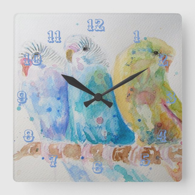 Drei Budgie Budgie Budgerigar Zimmeruhr Quadratische Wanduhr (Vorderseite)