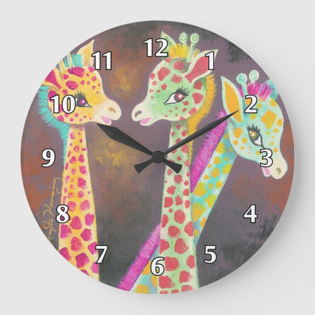 Drei bunte lustige Giraffen Große Wanduhr (Vorderseite)