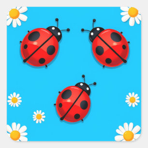 Drei bunte Marienkäfer auf blauem Hintergrund Quadratischer Aufkleber