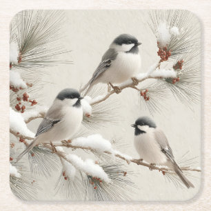 Drei Chickadees auf einem schneebestäubten Kiefern Rechteckiger Pappuntersetzer