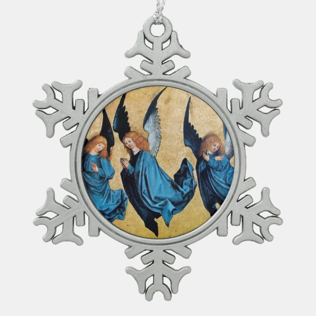 DREI CHRISTMAS ANGELN IN BLAU SCHNEEFLOCKEN Zinn-Ornament (Vorderseite)