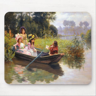 Drei Damen und ein Mann im Boot Mousepad