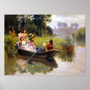 Drei Damen und ein Mann in einer Bootskunst Poster