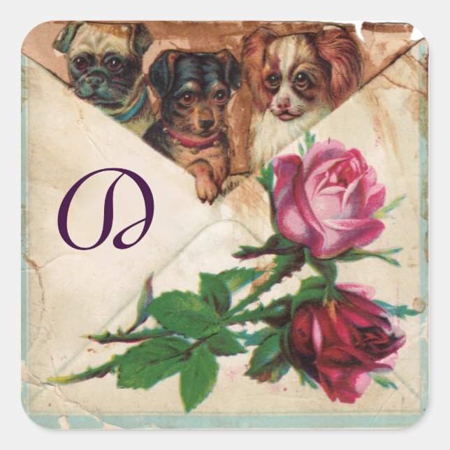 DREI DOGIEN MIT MONOGRAMM FÜR ROSE QUADRATISCHER AUFKLEBER (Vorderseite)