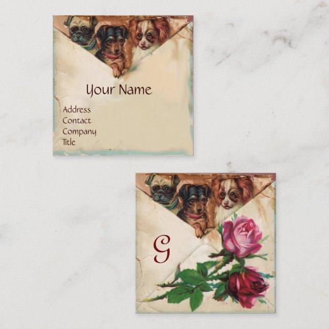 DREI DOGIEN MIT ROSE, Pergament, Monogramm Quadratische Visitenkarte (Vorne/Hinten)