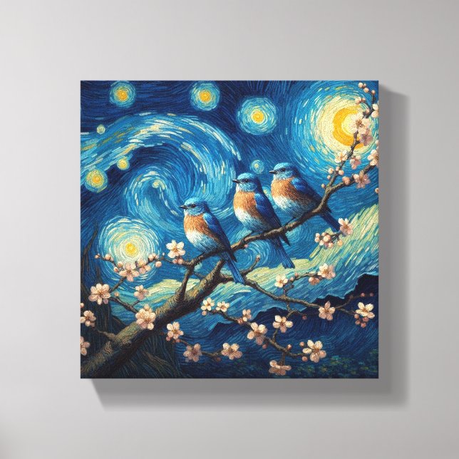 Drei Eastern Bluebirds Van Gogh Art Leinwanddruck (Vorderseite)