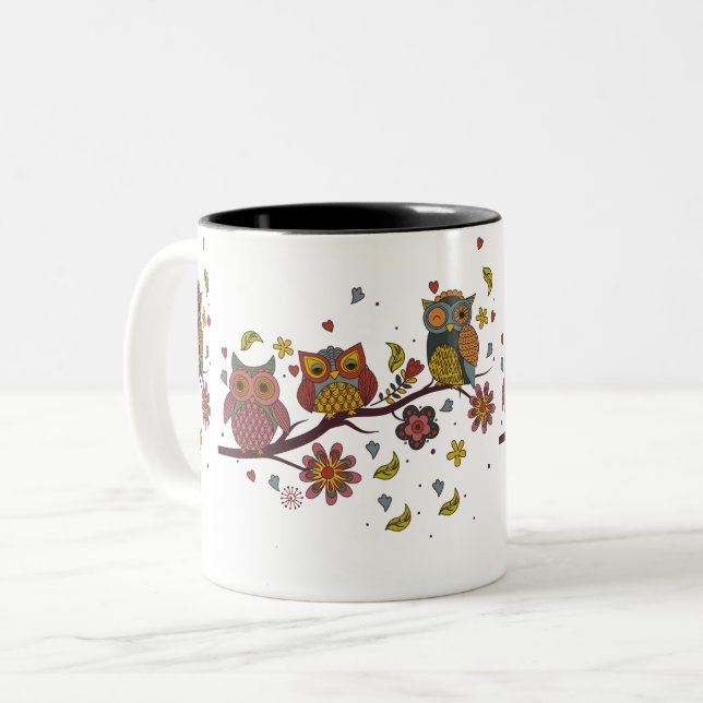 Drei Eule auf Zweig Zweifarbige Tasse (Vorderseite Links)