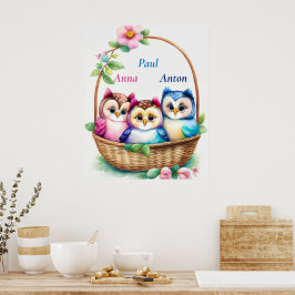 Drei Eulen im Korb - Kindermotiv Poster