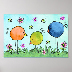 Drei fantasievolle Wasserfarben-Vögel Poster