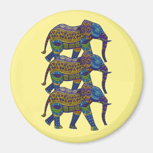 Drei farbenfrohe mosaikische Elefanten Magnet (Vorne)