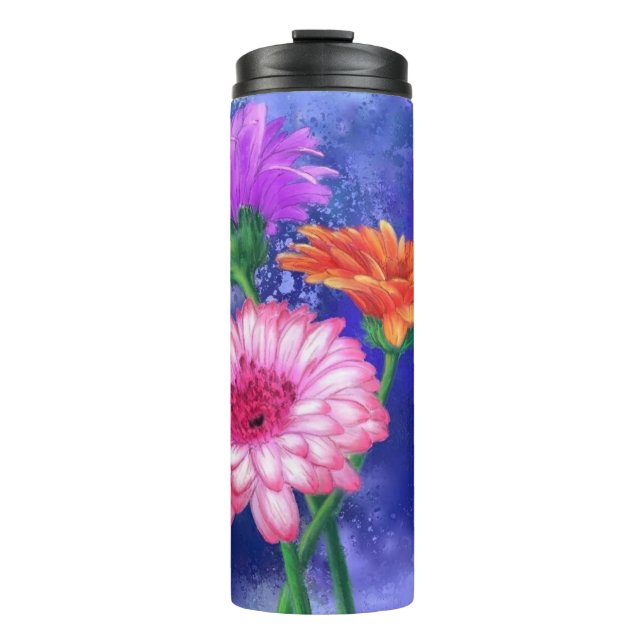 Drei farbige Gerberas-Thermal-Tumbler-Malerei Thermosbecher (Vorderseite)