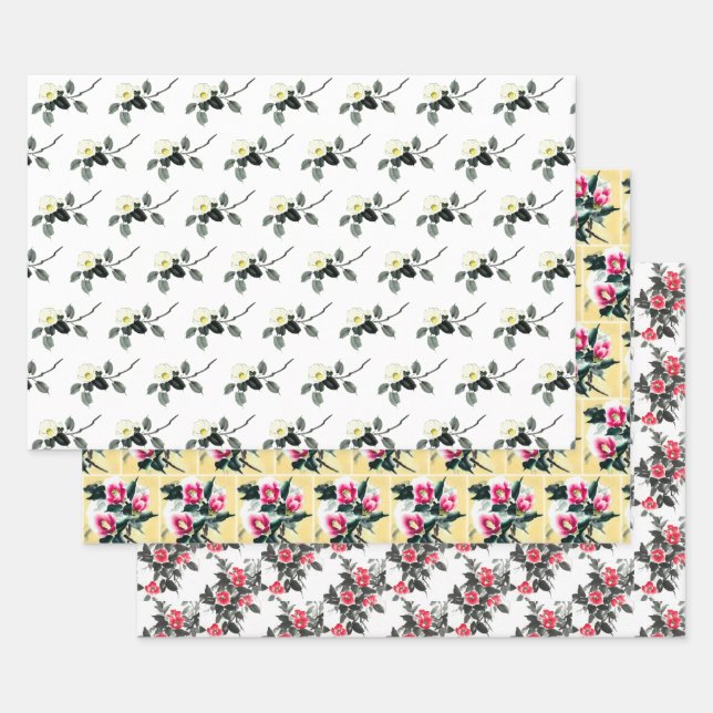 Drei farbige Kamelien-Saummalerei Geschenkpapier Set (Set)