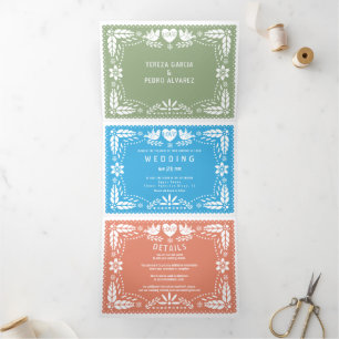 Drei farbige Papel Picado Liebhaber der Hochzeit Dreifach Gefaltete Einladung