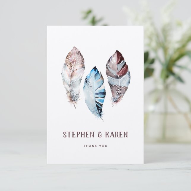 Drei Feathers Elegante Wedding Watercolor Dankeskarte (Stehend Vorderseite)