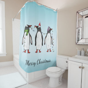 Drei festliche Weihnachtspinguine mit individuelle Duschvorhang