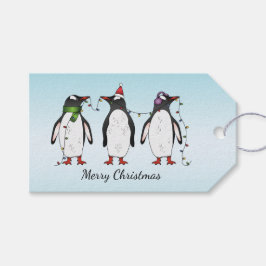 Drei festliche Weihnachtspinguine mit individuelle Geschenkanhänger