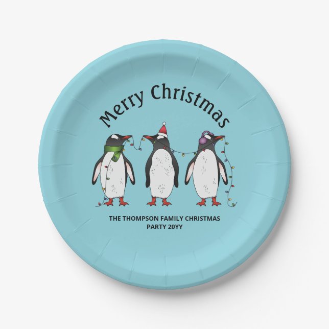 Drei festliche Weihnachtspinguine mit individuelle Pappteller (Vorderseite)