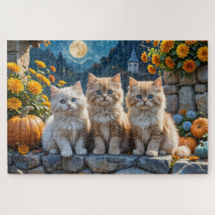 Drei flauschige Herbstkätzchen mit Pumpkins und Mu