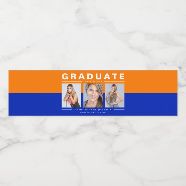 Drei Foto Abschluss Collage Orange und Blue Wat (Einzelnes Label)