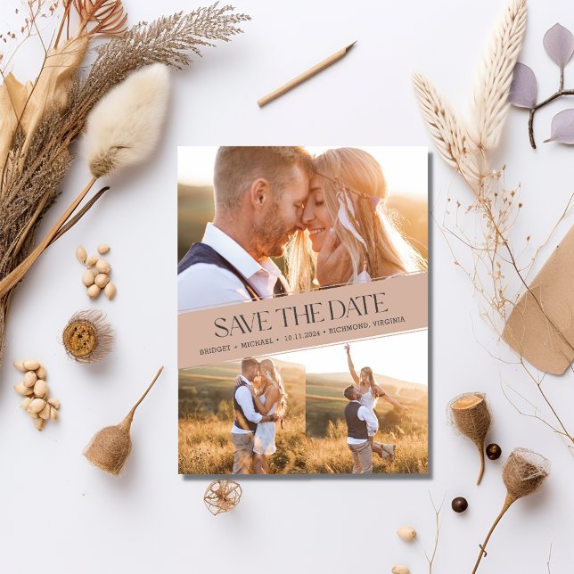 Drei Foto Collage Boho Hochzeit speichern das Datu Ankündigungspostkarte (Three Photo Collage Boho Wedding Save the Date)