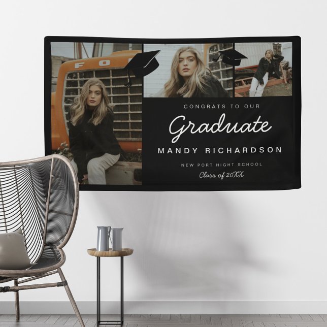 Drei Foto Collage Glückwünsche zum Graduate Black Banner (Von Creator hochgeladen)