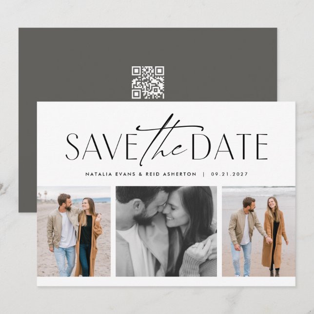 Drei Foto einfach stilvoll Schwarz-weiß Save The Date (Vorne/Hinten)