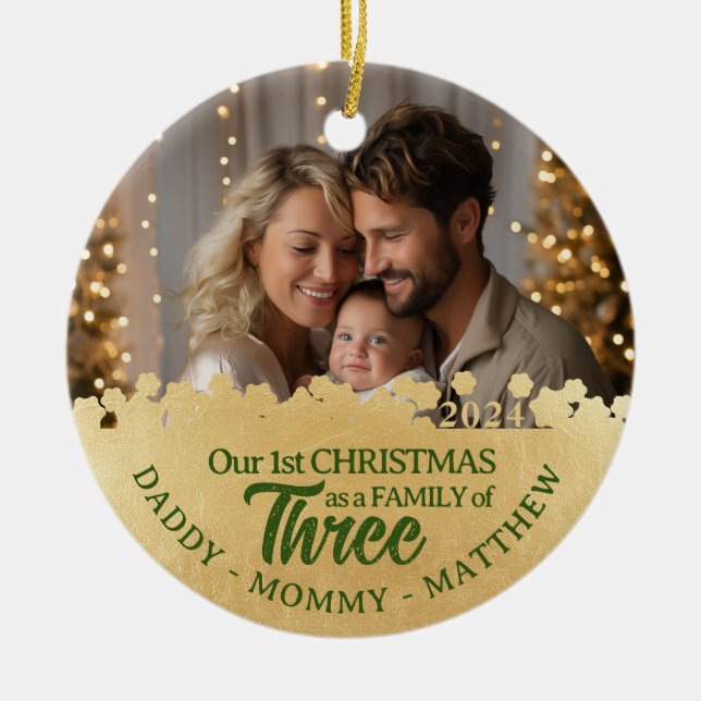 Drei-Foto-Ornament-Familie Erster Weihnachtsfest Keramik Ornament (Vorne)