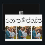 Drei Foto schlicht moderne trendy Schwarz-weiß Save The Date<br><div class="desc">Datum freihalten! Dieses stilvolle, einzigartige Foto Save the Date Design zeichnet sich durch eine trendige Typenbehandlung aus, die über einer Collage von drei Fotos liegt. Es ist eine perfekt moderne Karte, um Ihre Verlobung und kommende Hochzeit bekannt zu geben. Die Rückseite ist ein passendes schicke schwarz mit Raum für eine...</div>