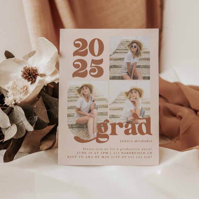 Drei Foto Terracotta Retro Type Graduation Party Magnetkarte (Von Creator hochgeladen)