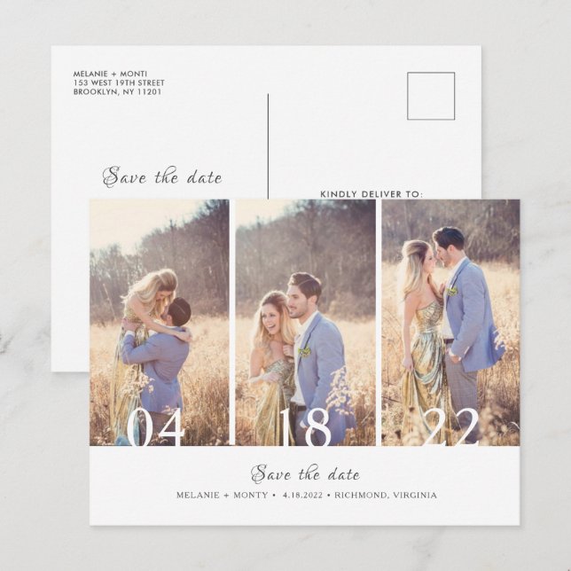 Drei Fotokollagen Hochzeit speichern das Datum Ankündigungspostkarte (Vorne/Hinten)