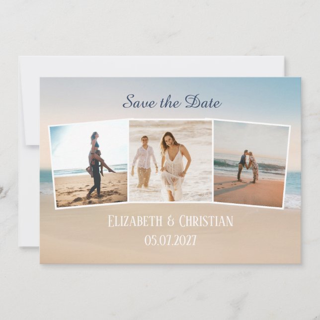 Drei Fotos am Strand elegant Save the Date Einladung (Vorderseite)